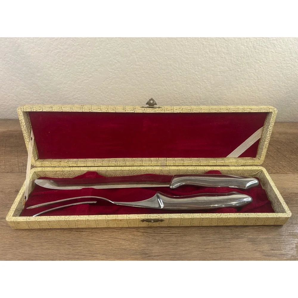 Vintage Japan Stainless Steel Carving Set Knife Fork MCM Faux Croc Box 3401
